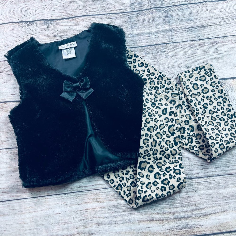 Girls sz 6-8 leopard legging + faux fur vest